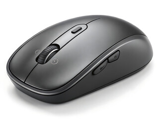 A sleek wireless mouse in a gray color scheme with a scroll wheel and side buttons on white background