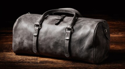 Sophisticated, gray leather duffel bag, perfect for weekend trips or as a stylish carry-on. Vintage aesthetic. Timeless.