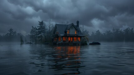 Fototapeta premium Flooded house glows orange against a dark, overcast, waterlogged landscape