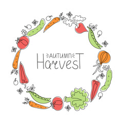 Frame, border with vegetables, line drawing, doodle. Vegetarian natural food. Line art icons. Healthy food. Vector graphics. Hand lettering. Autumn harvest. Blank background with space for text.