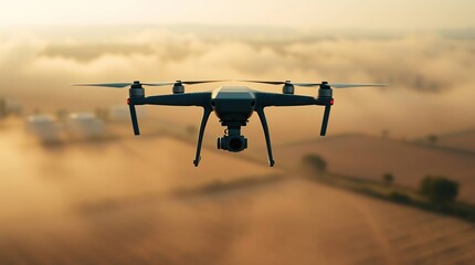 Drone Flight Over Foggy Farmland.