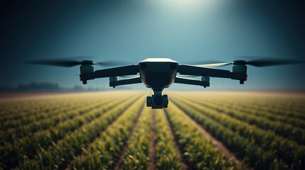 Drone flying over farmland field.