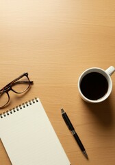 Fototapeta premium Cozy workspace arrangement with eyeglasses, coffee, notebook, and pen. Copy space