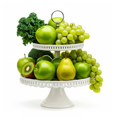Fresh green vegetables and fruits on cake stand isolated on white