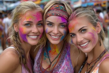 Fototapeta premium Colorful celebration during a vibrant festival with smiling friends in joyful atmosphere