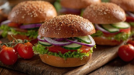 Freshly made veggie burgers with sliced red onions, ripe tomatoes, and crisp cucumbers, sitting on a rustic wooden board. Ready to be eaten and enjoyed