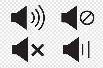 Speaker volume icons with sound waves. Volume up, down, and mute collection. Volume allow and prohibit sign, cross icon. Vector illustration