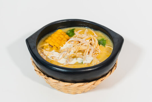 Colombian Chicken and Potato Soup Ajiaco A Delicious Traditional Dish. White backgound