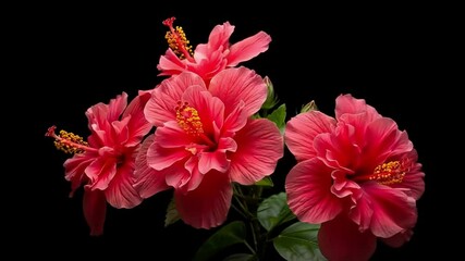 A cluster of vibrant pink hibiscus flowers with delicate petals and prominent stamens bloom against a dark background