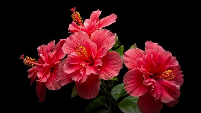 A cluster of vibrant pink hibiscus flowers with delicate petals and prominent stamens bloom against a dark background