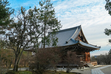 Beautiful Miedo Hall, historic wooden building at Ninna-ji Temple, stands peacefully among garden...