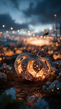 A beautifully lit pumpkin adorned with intricate designs, surrounded by twinkling lights and small flowers, creating a magical atmosphere in the evening sky.