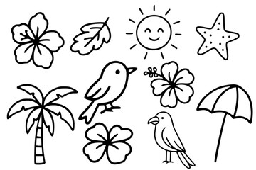 Tropical summer line art set, hand drawn doodle of hibiscus flowers, palm trees, birds, sun and beach elements in black and white illustration