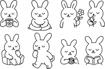 Cute bunny self care line art set, hand drawn rabbit doodle illustration of cozy lifestyle and mindfulness activities in black and white sketch style