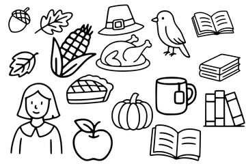 Thanksgiving autumn icon set, hand drawn doodle line art of food, leaves, books and cozy fall elements in black and white sketch style