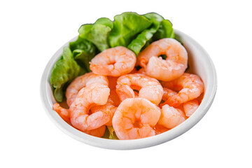 Shrimp salad prawns seafood fresh pescetarian diet gourmet food background on the table rustic food top view copy space keto and paleo diet vegetarian food