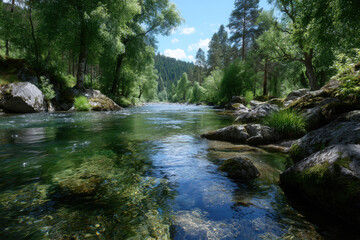 Crystal clear river flows through lush green forest under bright blue sky in daylight