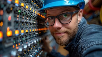 Smiling engineer in hardhat working on complex equipment panel with lights and wires