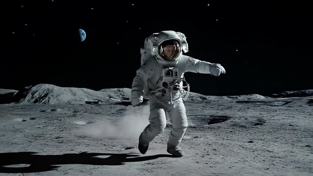 Astronaut running on the moon with Earth in the background, cinematic shot