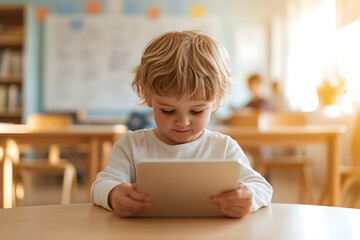 Child learning with tablet, sitting at desk in classroom. Early education in modern school setting, with digital device. Focus on student using tech.