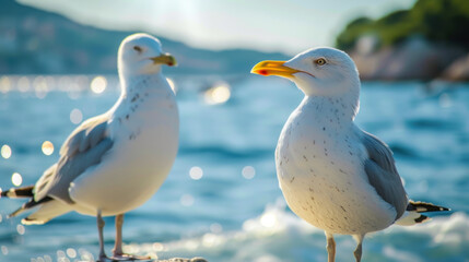 A seagull perches elegantly on the icy surface of a lake, illuminated by the warm glow of a sunset. Fellow birds gather in the background, adding to the serene winter atmosphere Generative AI