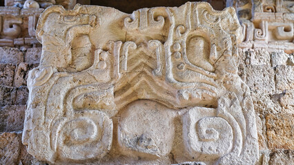 Close up of Stela with hieroglyphs of a Serpent Head at first level of the Acropolis, tomb of Ukit Kan Leʼk Tokʼ,ruler of the Great Mayan city of Ek Balam,near Valladolid,Yucatan,Mexico
