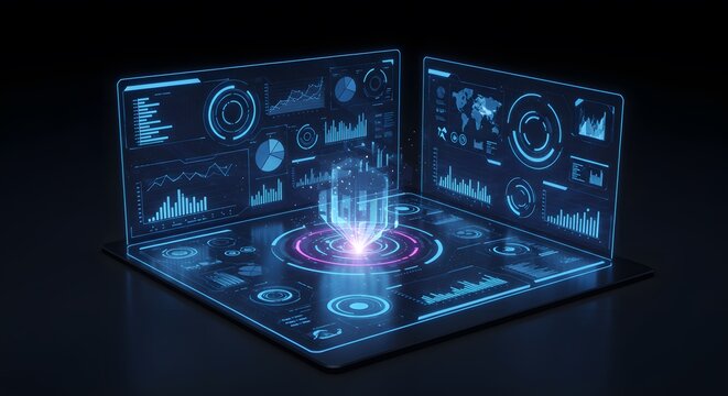 Neon hologram business interface floating above touchscreen desk