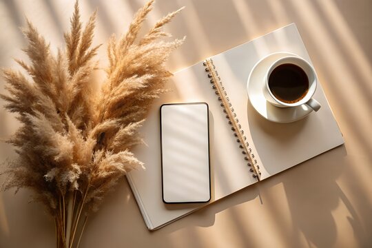 Modern Workspace with Coffee Phone Notebook and Pampas Grass new 2025 trendy