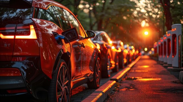 EVs charging on city street. Warm sunlight filters through trees. Charging stations line the curb