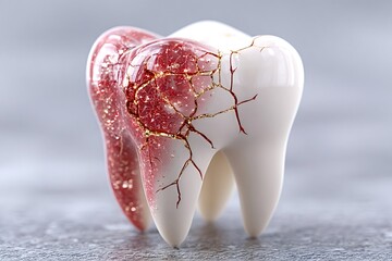 Gold filling repairing a cracked molar tooth, exposing the nerve and leading to potential dental issues, emphasizes the importance of proper oral care and timely treatment