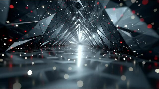 Video Animation Loop: A high-energy, rhythmic loop of sharp geometric shapes triangles, dodecahedra, and interconnected lines pulsating and evolving in perfect sync with an unseen, driving techno beat