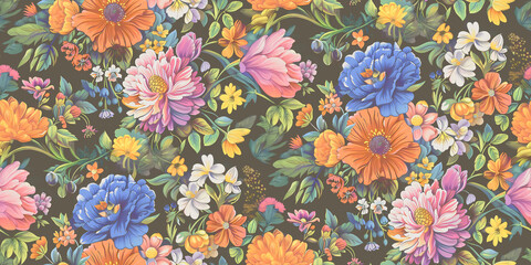 Seamless pattern of flowers with pink blue and orange background.