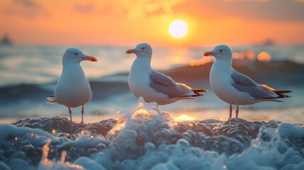 A seagull perches elegantly on the icy surface of a lake, illuminated by the warm glow of a sunset. Fellow birds gather in the background, adding to the serene winter atmosphere Generative AI
