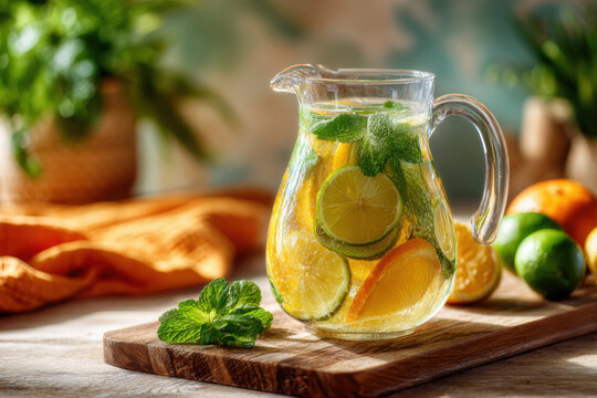 Clear glass jug with citrus and mint infusion on a wooden tray, vibrant kitchen background, orange apron visible
