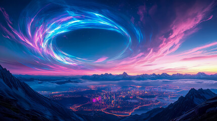 A breathtaking cosmic energy vortex swirling above a neon-lit futuristic metropolis nestled amidst majestic twilight mountains, digital artwork for science fiction concept.
