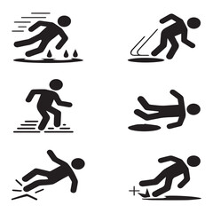 Obraz premium Stick figures depict various slipping and falling accidents isolated on white background