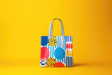 Colorful shopping bag with abstract geometric pattern on bright yellow background. For branding, retail promotions, fashion marketing, visual concepts related to consumerism, sale events, or packaging