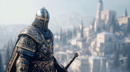 Obraz premium A majestic armored warrior standing guard over an ancient city, clad in ornate dark and gold plate, embodying a spirit of valor and protection.