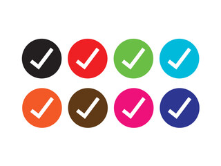 Eight colorful circles with white check marks approved