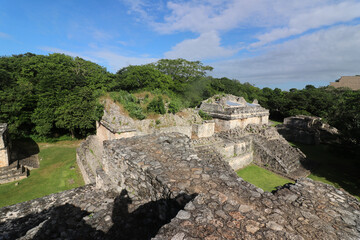 View of Las Gemelas, or Twins, Structure 17 - Two ceremonial temples on top of a pyramidal structure on the west side of the Mayan site of Ek Balam,near Valladolid,Yucatan,Mexico