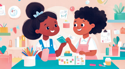 Joyful scene of two young children engaged in a creative activity at a table with art supplies, fostering friendship and collaborative learning, ideal for educational content or kids' media.