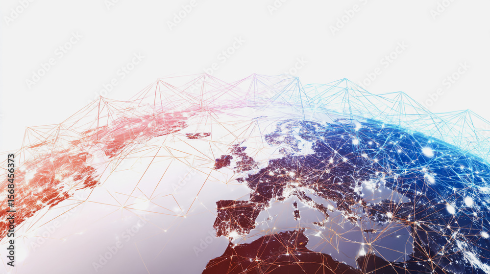 Wall mural abstract technology white background. earth network with glowing nodes and net lines business connec