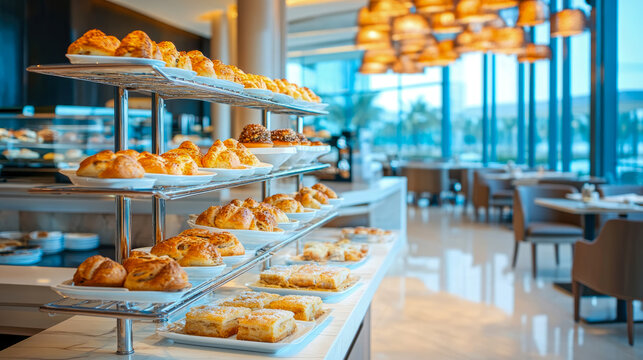 A lavish breakfast spread of golden pastries and delectable desserts arranged on a tiered display in a bright, modern hotel dining room, promoting luxury hospitality and culinary indulgence.