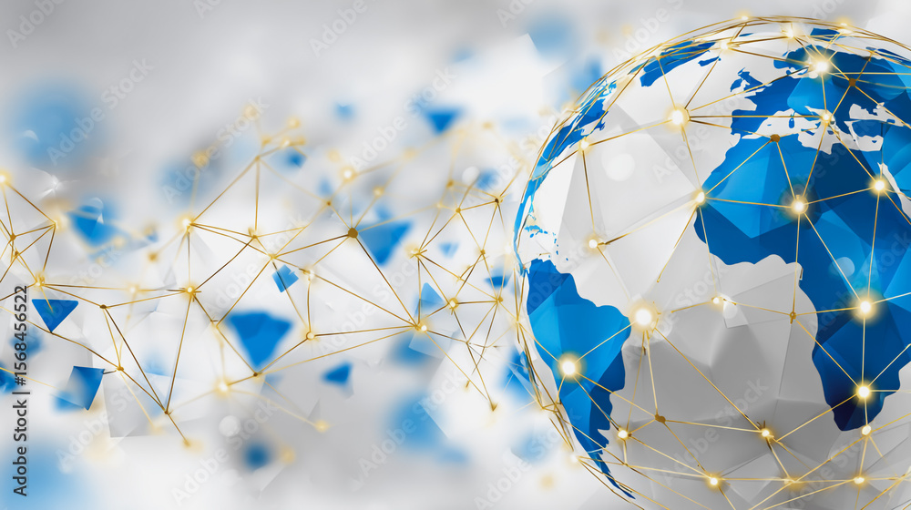 Wall mural abstract technology white background. earth network with glowing nodes and net lines business connec