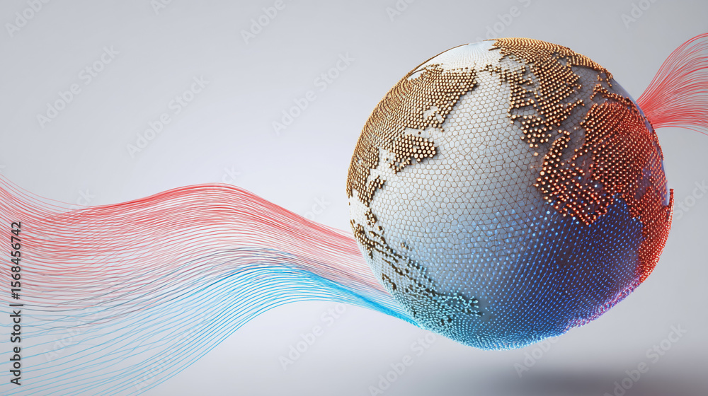 Wall mural abstract technology white background. earth network with glowing nodes and net lines business connec
