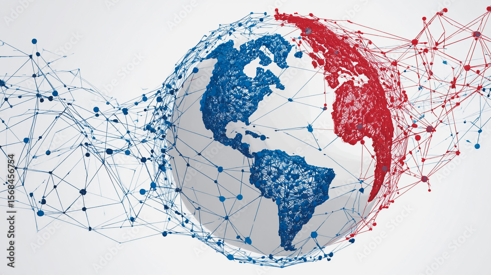 Wall mural abstract technology white background. earth network with glowing nodes and net lines business connec