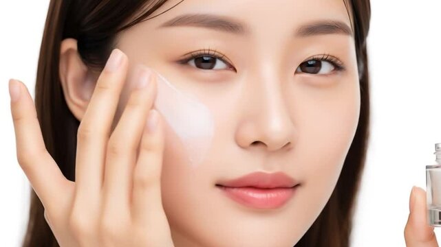 Korean skincare routine woman applying face cream for healthy glowing skin beauty tutorial guide tips video 4k