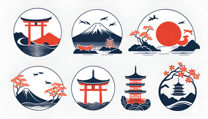 Classic Japanese themed design elements featuring torii gates, Mount Fuji, pagodas, and nature scenes arranged in circular emblems.