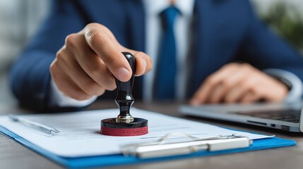 Fototapeta premium Stamping document. Man in suit applies stamp to paperwork. Legal process, approval, certification. Official authorization for contracts and agreements.