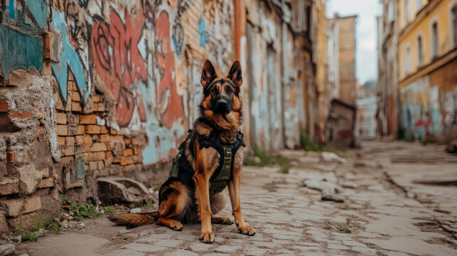 A vigilant German Shepherd dog in a tactical harness sits patiently in an aged urban alleyway with graffiti-covered walls, ready for its purpose.
